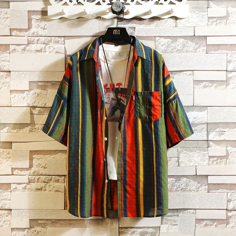 

Summer Striped Shirt Men Fashion Casual Hawaii Shirt Beach Short Sleeve Blouse Top Male Lapel Pocket Shirt Retro Camisas Hombre