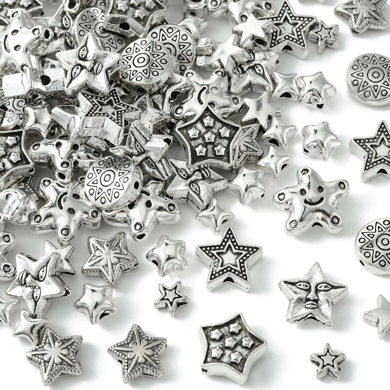Pandahall 100 Stück 10 Stile Antik-Silber-Sternform-Abstandsperlen, tibetischer Stern, lose Perlen für Schmuckherstellungszubehör – Detail 8