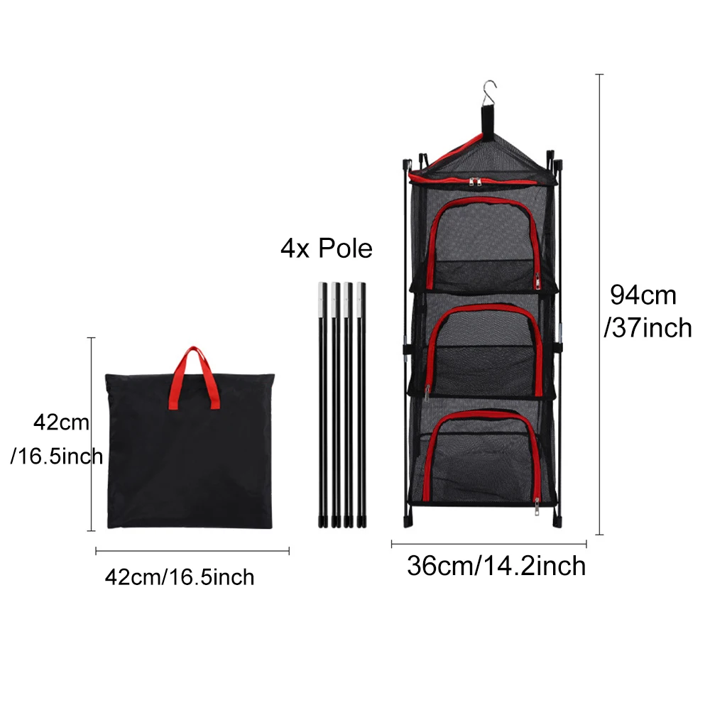 Camping Storage Drying Net 3 Layer Outdoor Hanging Mesh Drying Rack Net Basket with Poles for Cookware Tableware Plates Fruit 4
