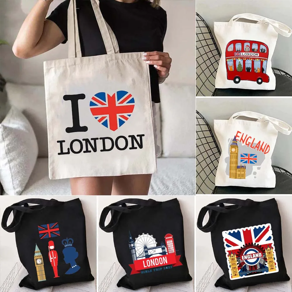 

London Bridge Big Ben England Flag Map Shoulder Shopping Canvas Tote Bag Landscape Skyline United Kingdom British Women Handbags
