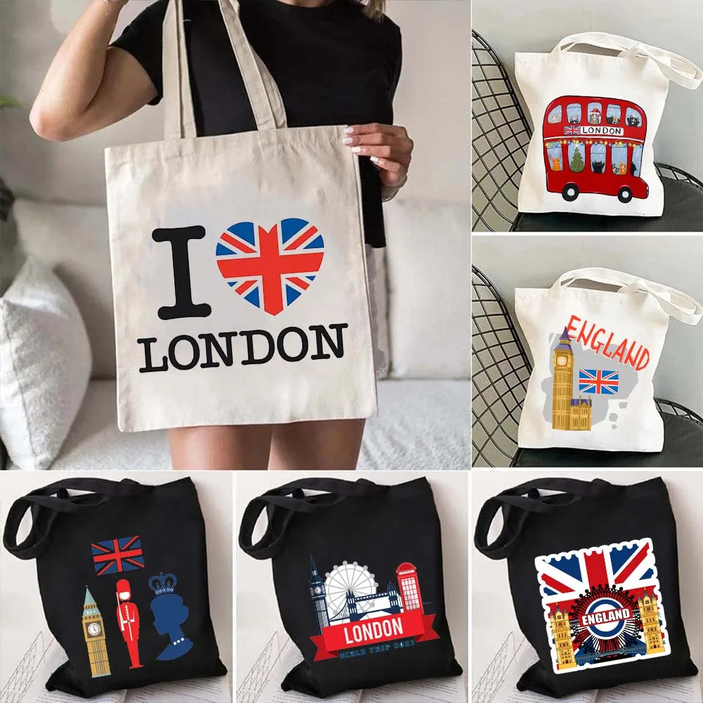 London Bridge Big Ben England Flag Map Shoulder Shopping Canvas Tote Bag Landscape Skyline Regno Unito British Women Handbags