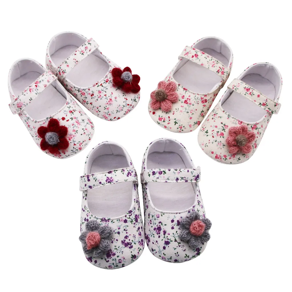 

Baby Girls Flowers Printing Applique Prewalker Soft Sole Single Shoes Newborn Toddler Princess Dress Shoes No-Slip First Walkers