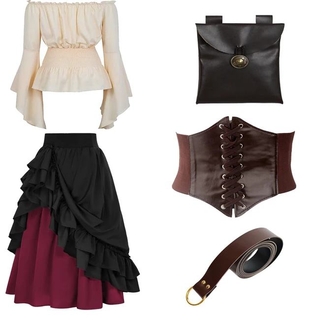 Vestito Medievale Donna In 2 Pezzi - Camicetta E Gonna Con Cintura, Stile Rinascimentale E Vittoriano - Foto 4