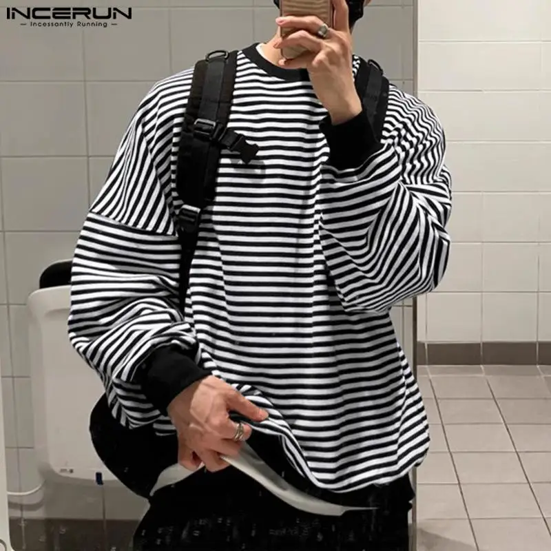 

INCERUN Tops 2023 Handsome Men Striped 2Color Contrast Design Hoodies Casual Well Fitting O-neck Long Sleeved Sweatshirts S-5XL