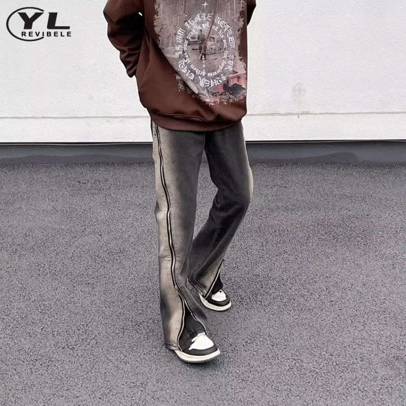 Vintage Zipper Split Jeans Man Fashion Spring Autumn Wash Gradient Wide Leg Denim Pants Male Casual Straight Cargo Trousers New