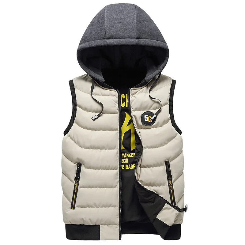 Men's Printed Hooded Vest, Fall Winter Thermal Cotton Streetwear, Zip-Up Casual Outdoor Puffer