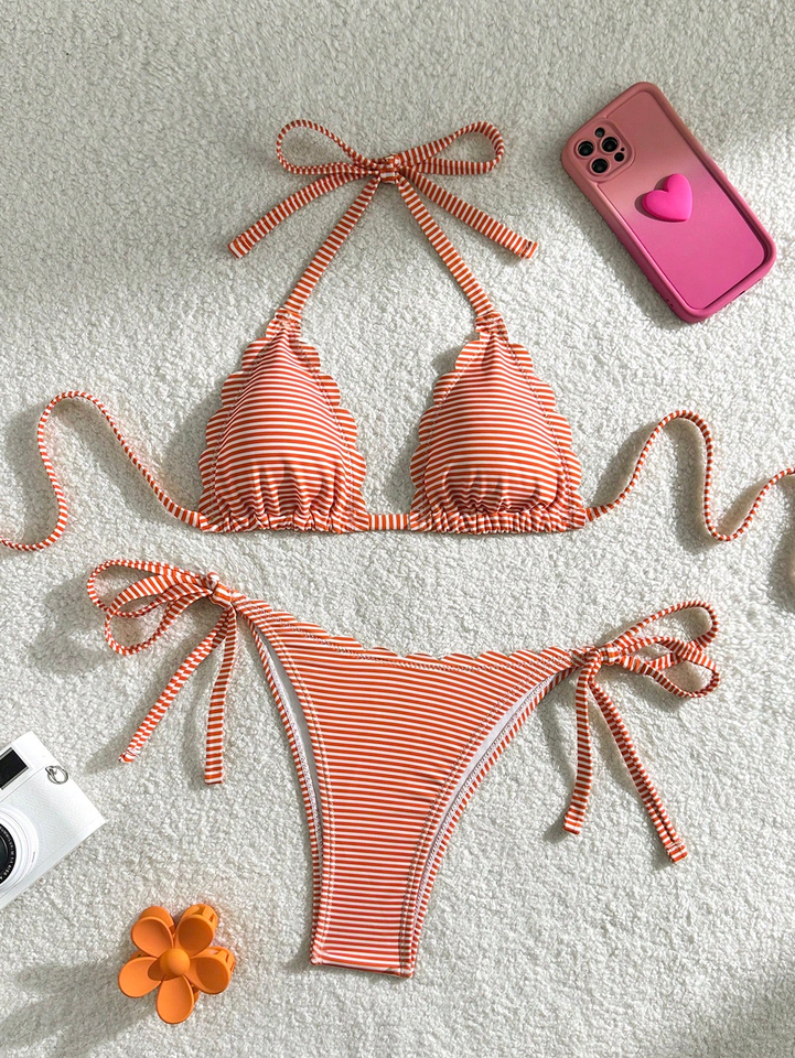 striped bikini European and American new solid color stitching swimsuit split swimsuit women