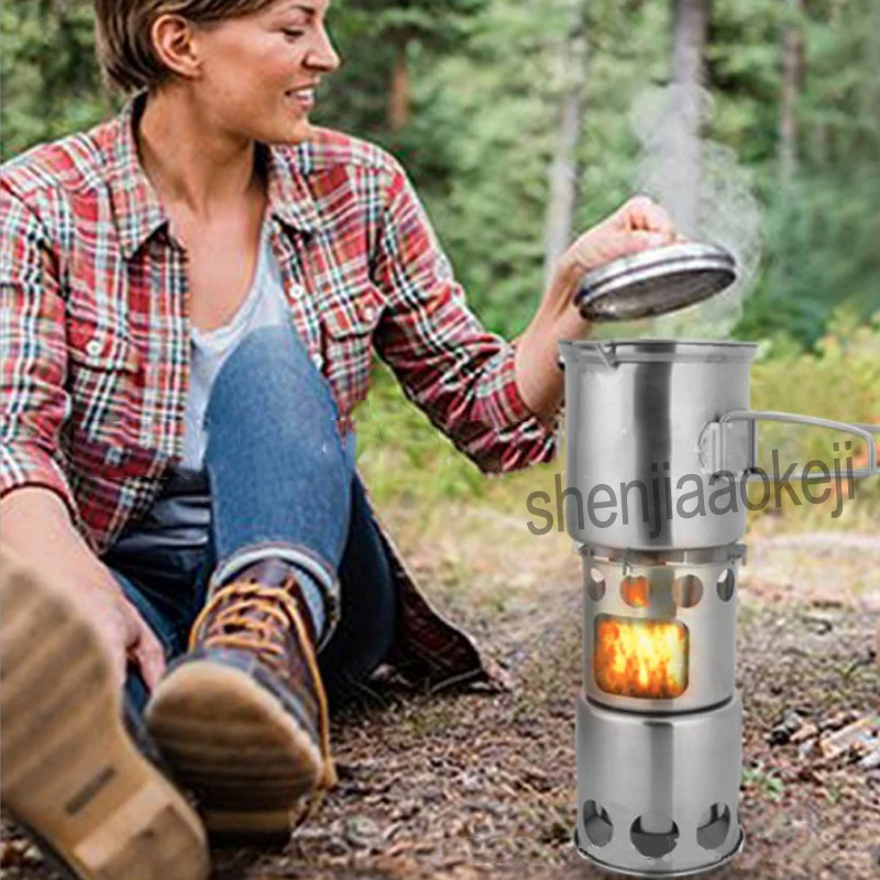 Stainless Steel Multi-purpose camping grill stove Outdoor Hiking windproof Wood burning stove / stove + pot set Combo Set 1pc 5