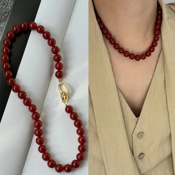 Yupsk French Dark Red Agate Natural Stone Strand Beaded Necklace for Women Double Toggle Clasp Versatile Sweater Chain Choker 1