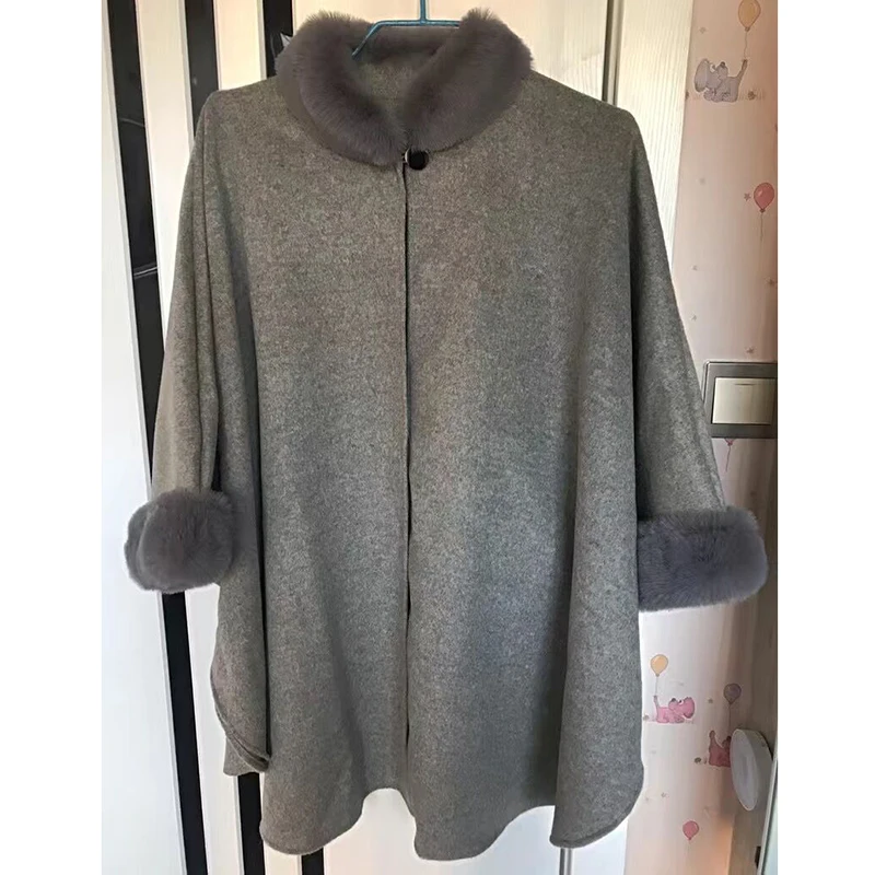 Fake Fur Coat Women Winter Stand Collar Casual Shawl Outwear Thick Warm Bat Sleevecape Overcoat Plus Size Midi-Length Jacket