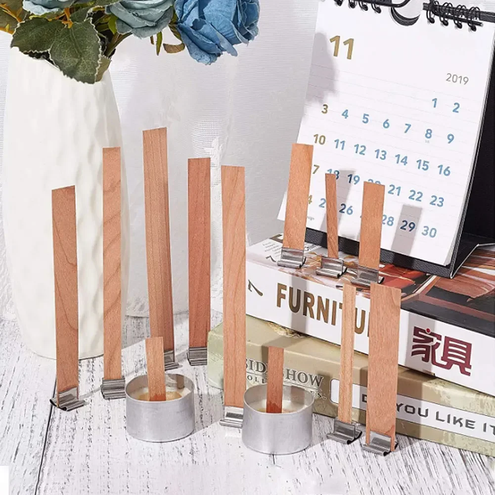 Description Picture 2 of item10 Pcs Flame Shaped Natural Wooden Wicks with Base Holder Candle Wick Wax Core Craft Candle Making Supplies Wave Soy Parffin Wax