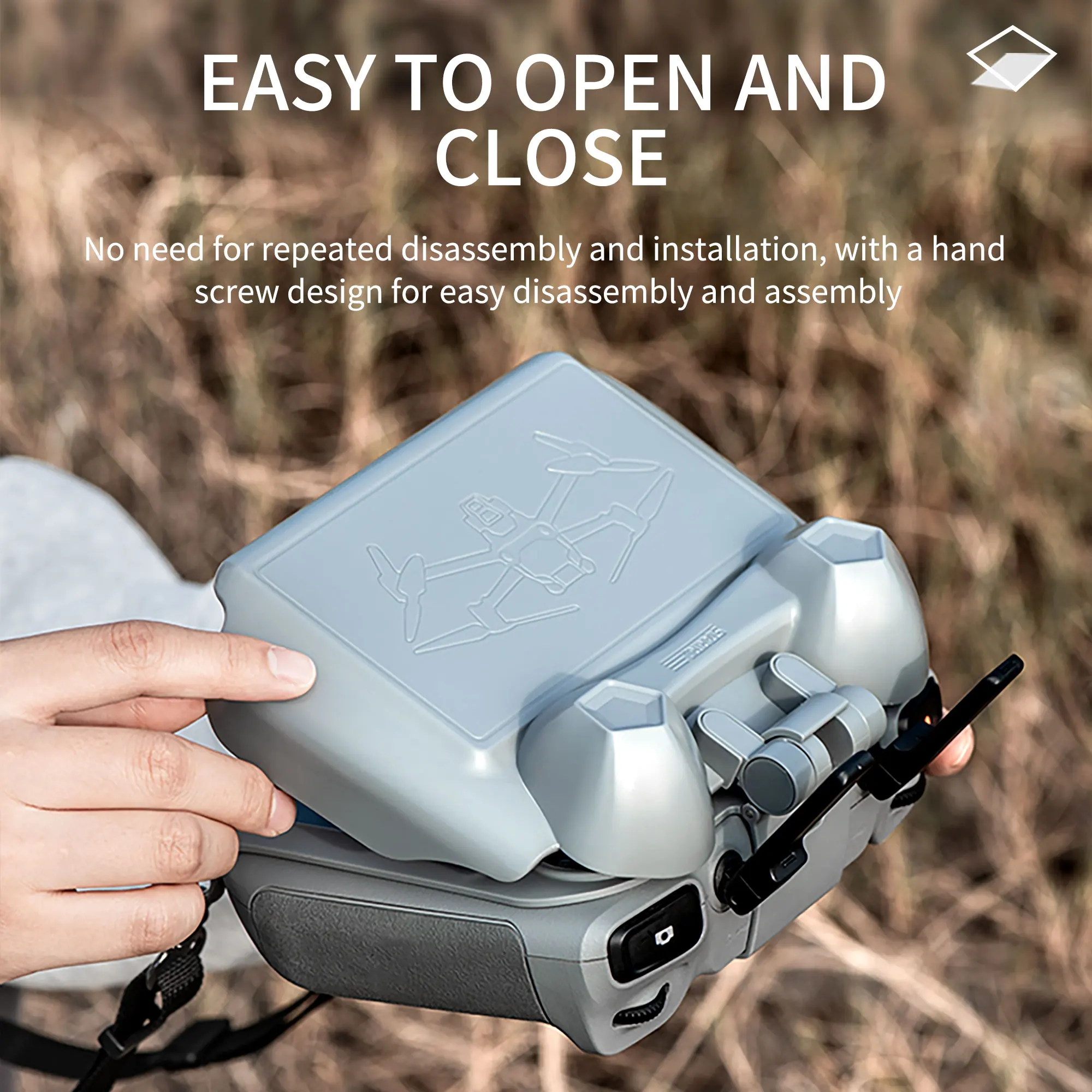 Pare-soleil et housse de protection pour télécommande DJI RC 2, montrant les fixations et le matériau.