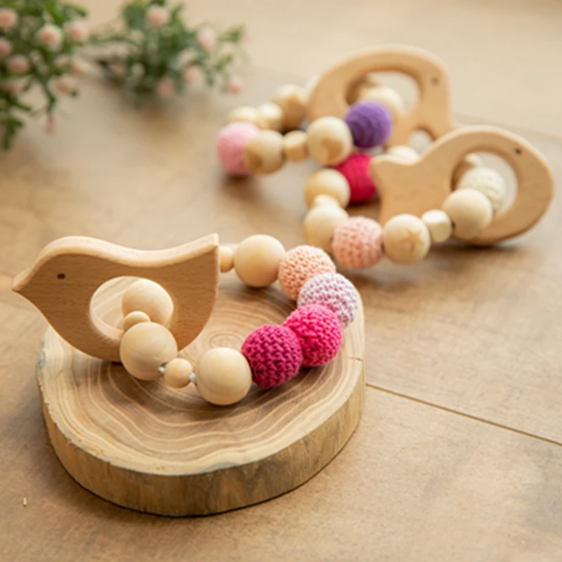 Baby Wooden Teether Beech Animal Wooden Rattle Toy Wood Teething Toys Baby Rattle Beads Bracelets Wooden Toys for children Gift 3