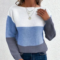 Women's Contrast Color Long Sleeve Round Neck Sweaters Female Stitching 2024 Fall Jumpers Lady Casual Warm Comfortable Pullover - Image 3