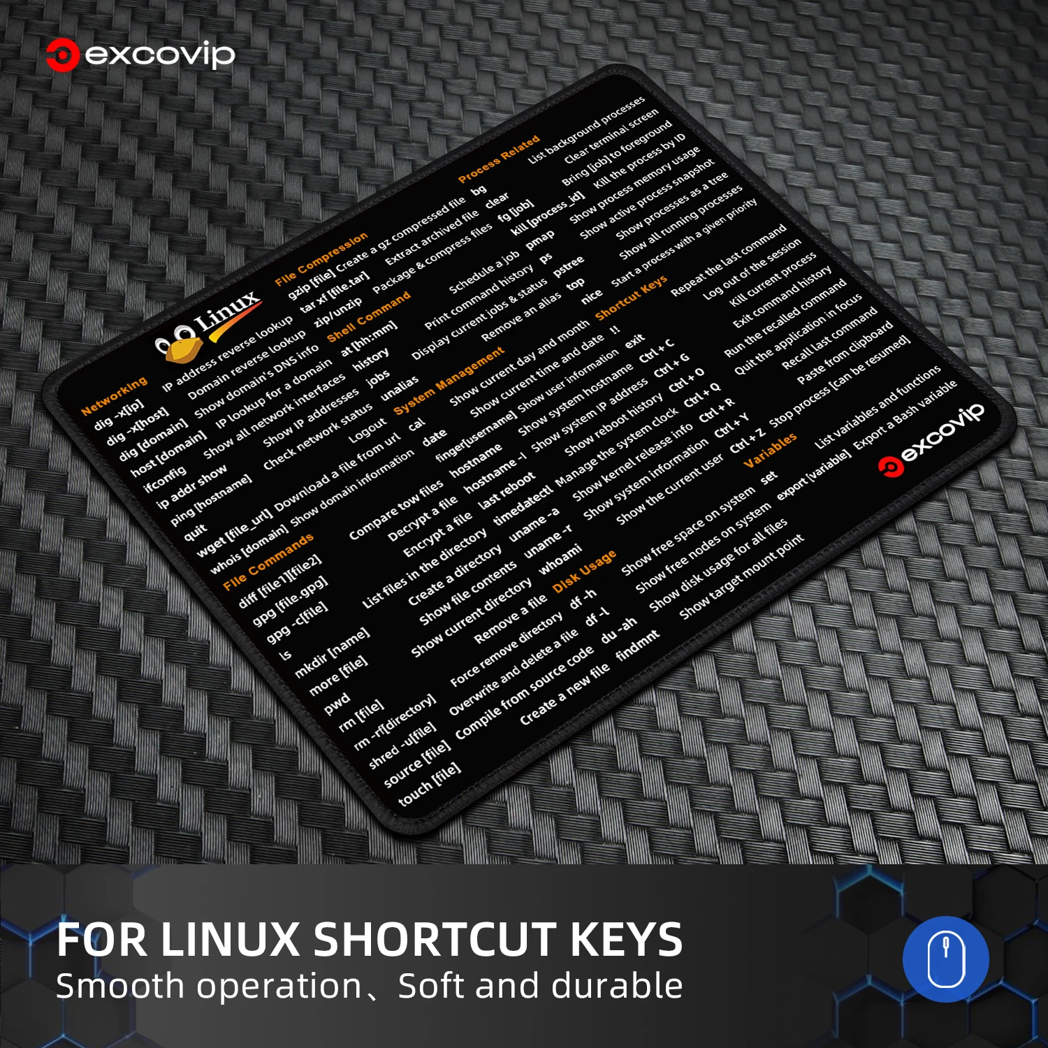 EXCO Linux Commands Line Mauspad Shortcuts Mousepad für Red Hat Ubuntu OpenSUSE Arch Debian Unix Programmierer Stitched Edge – Detail 1