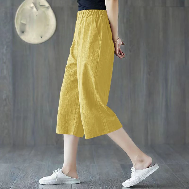 Fashion Elastic Solid Color Pockets All-match High Waist Pants Women's Clothing 2024 Summer New Loose Commuter Capri Pants