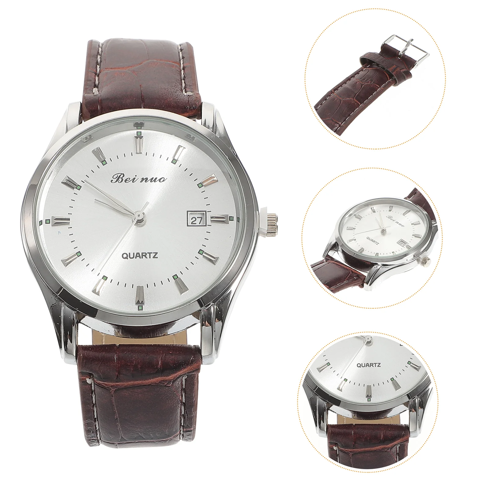 

Men Watch Quartz Wrist Watch with PU Band for Present (White+Silver+Brown)