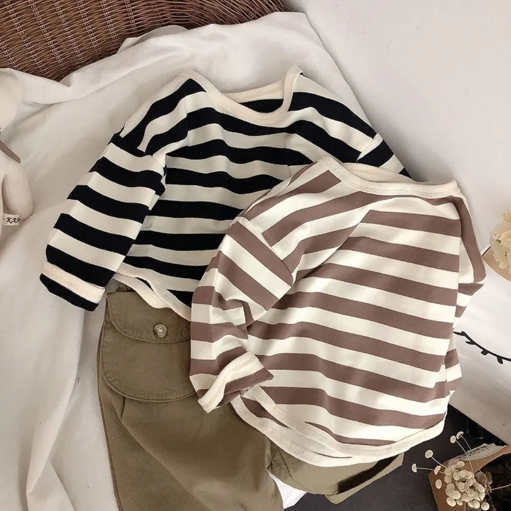 Comfortable 6M-3Y Korean Style Kids Shirt Retro Striped Loose Boy Girl Clothes Casual T Shirt Baby Long Sleeve Kids