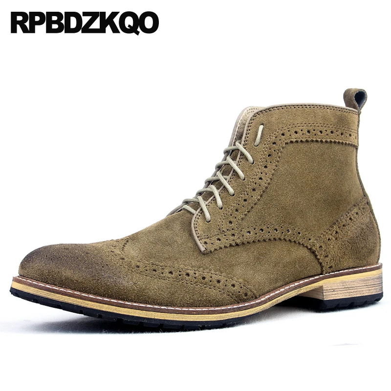 

Brogue Men Wingtip Shoes Formal Army Business Wedding Retro Combat Boots Military Suede Handmade Booties Genuine Leather Dress