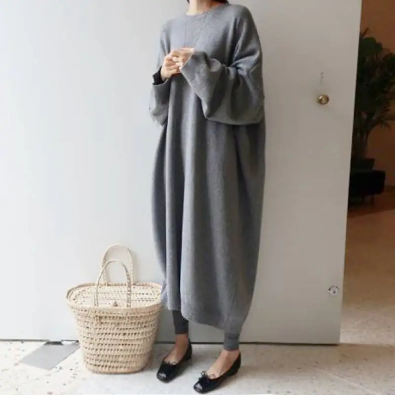 

2023 Japan And South Korea Solid Round Neck Long Sleeve Loose And Lazy Women's Dress Medium Length Sweater Dress Thickened