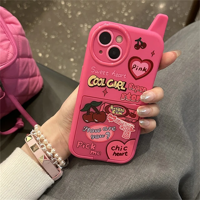 Ins Korean Retro Funny Mobile Phone Y2k Cherry Heart 3D Pink Make Up Mirror Case For iPhone 15 14 13 12 16 Pro Max Bracket Shell 2
