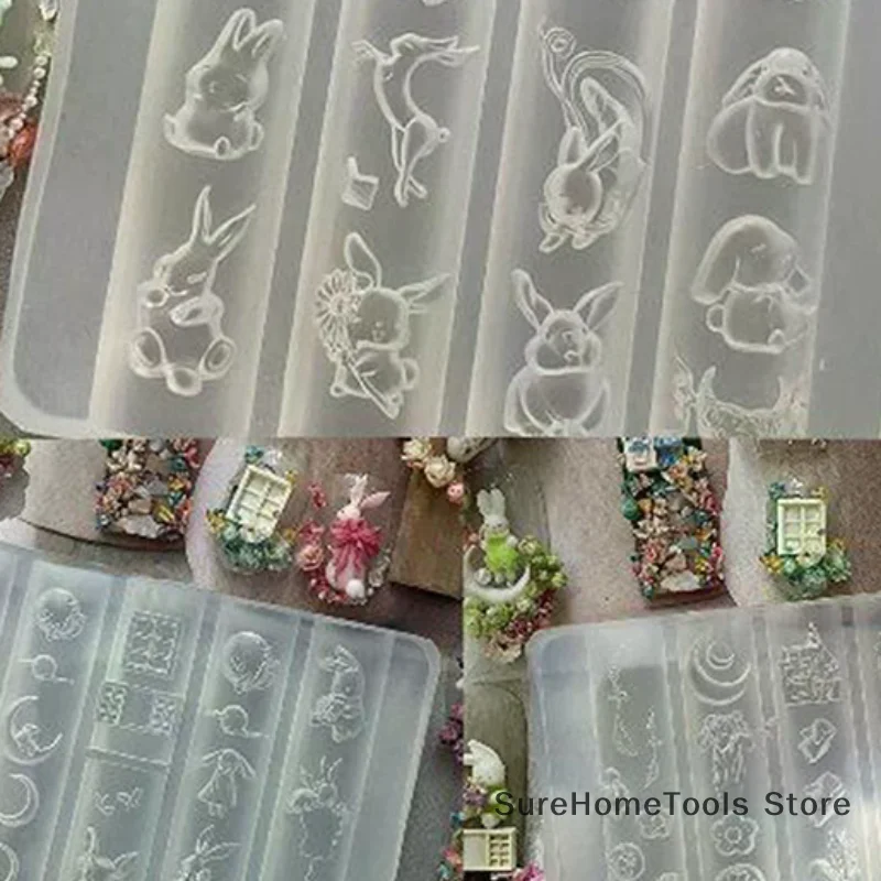 3 Pcs Silicone 3D Nail Art Molds - Cute Cartoon Rabbit Moon Cake Flower Templates for Acrylic Nails DIY Manicure Design Tools