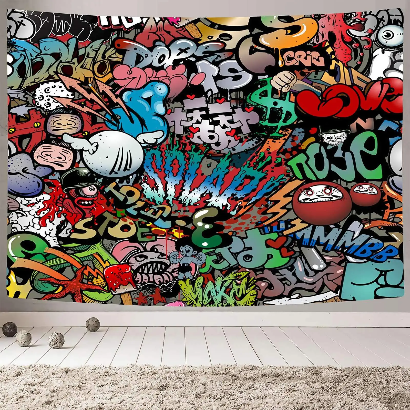 Graffiti Tapestry Hip Hop Hippie Art Wall Hanging Themed Party Decor Backdrop Tapestry Cool Room Aesthetic Bedroom College Dorm
