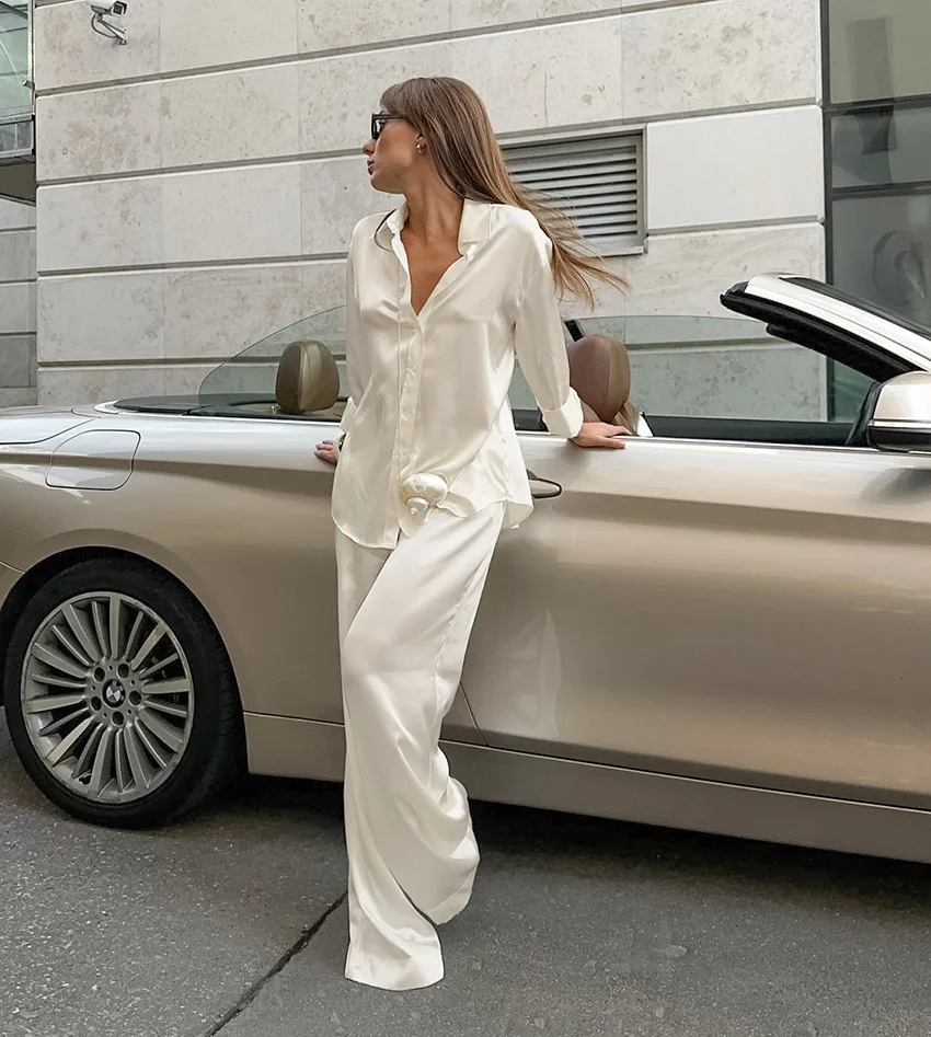 Fashion Commute 2 Piece-Set Trousers Ladies Casual Solid Shirts And High Waist Wide Leg Clothes Outfits Women's Pants Sets