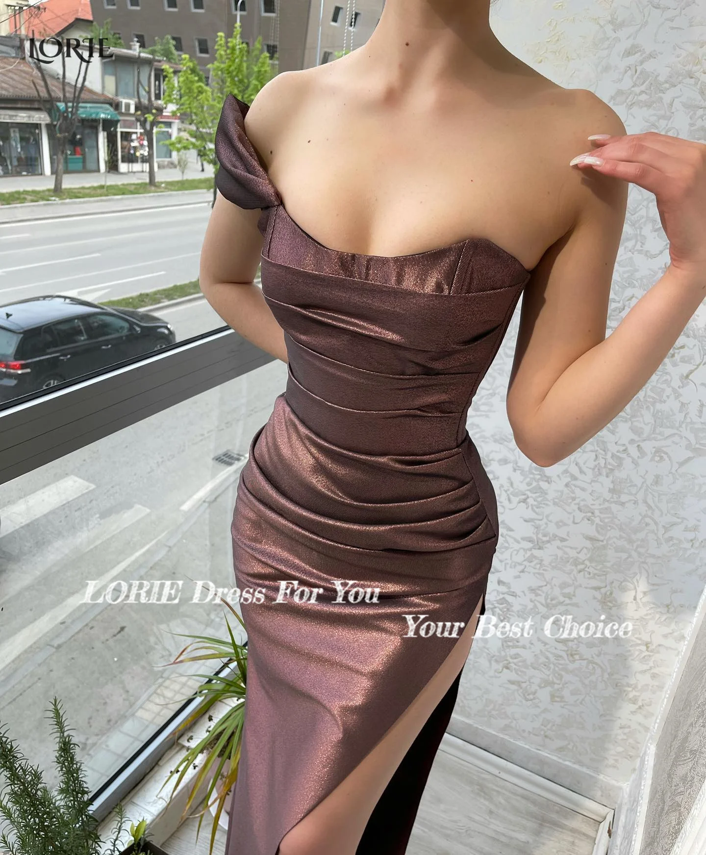 LORIE Shiny Brown Evening Dresses One Shoulder Pleat Bodycon Mono Dubai Celebrity Gowns Side Slit Mermaid Arabia Prom Dress