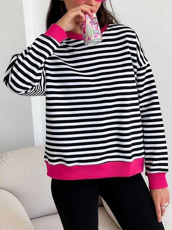 

Baisc Hooded Striped T-shirt for Women 2024 Spring O-neck Long Sleeve Oversize T-shirts Simple Contrast Color Women's Hood Tees