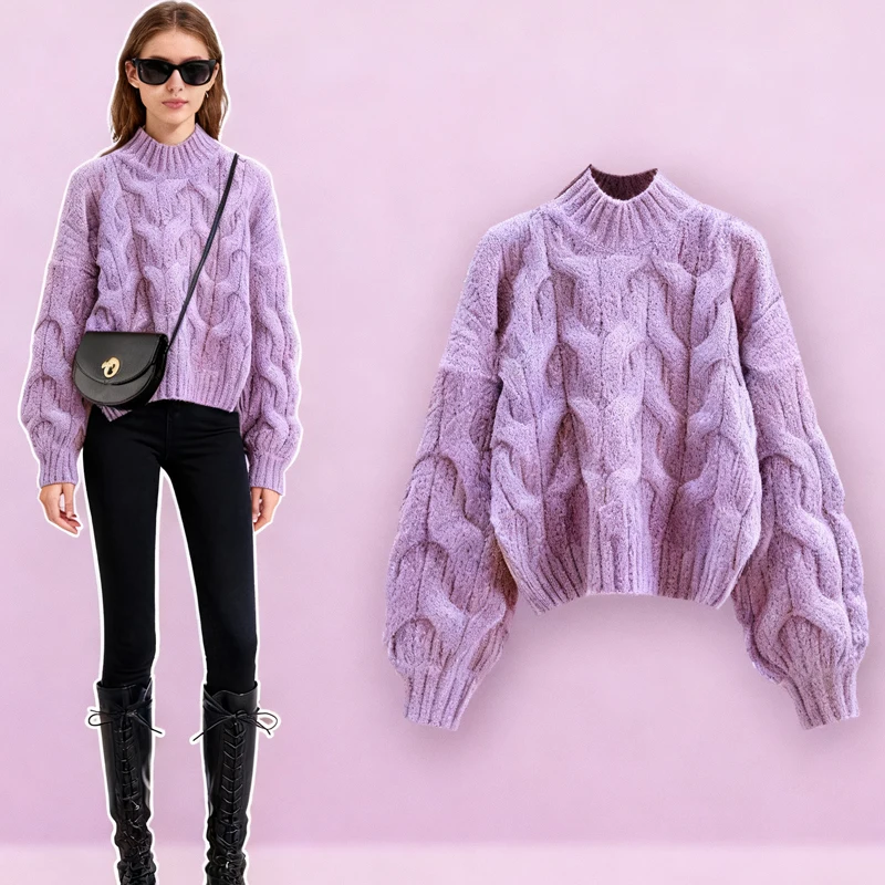 Autumn and Winter New Women's Clothing Round Neck Lantern Sleeves Women's Seven-quarter Sleeves Sweater Pullover Casual Top