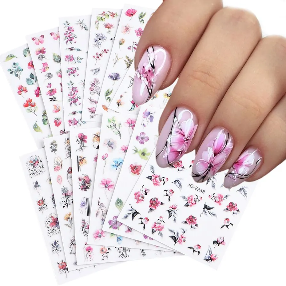 Design Shiny Flowers Nail Sticker 12pcs 3D Pink Spring Blossom Nail Art Decals Green Leaves Sliders DIY Decorate Manicure nail stickers nail art decoration nail decals flower stickers