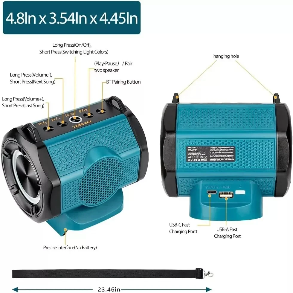 Bluetooth Speaker For Milwaukee/Makita/Dewalt/Bosch 18V 20V Battery With USB Typ
