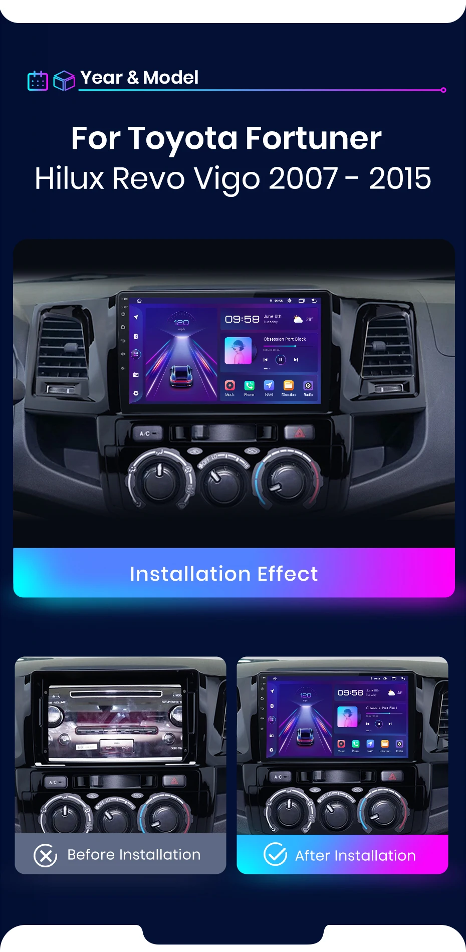 Junsun AI Wireless CarPlay für Apple Android Auto Auto Radio für Toyota Fortuner Hilux Revo Vigo 2007 2008-2015 multimedia Stereo – Detail 3