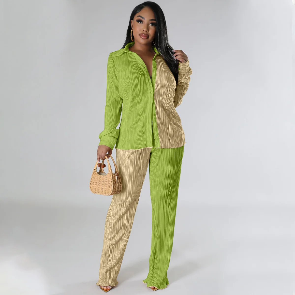 Autumn Women's Toothpick Cloth  Loose Casual Long Sleeve Shirt Pant Loose Wide Leg Pants Lapel Shirt Two-Piece