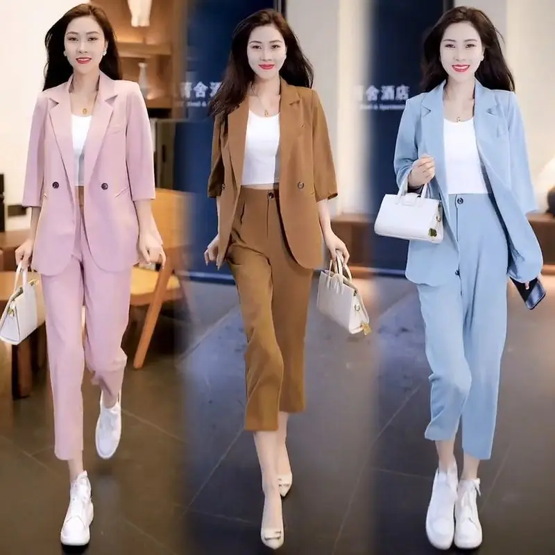 Large Size Suit Women's Set 2024 New Korean Version High-end Fashion Temperament Casual Capris Two-piece Set Trend