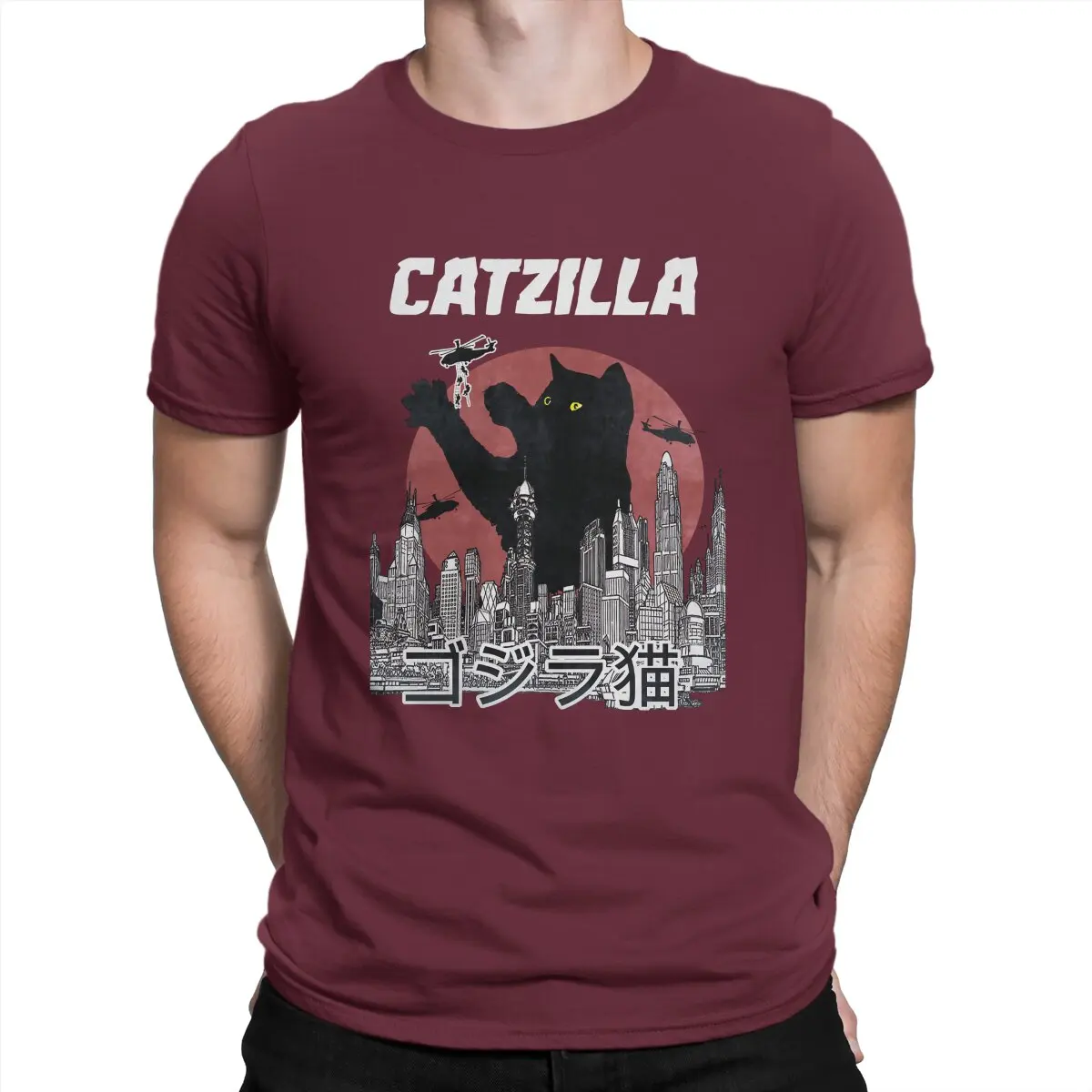 thumbnail image 1 of Camiseta Catzilla para hombre, estilo informal, de algodón, con cuello redondo y manga corta, con estampado de gato, 1 of 7