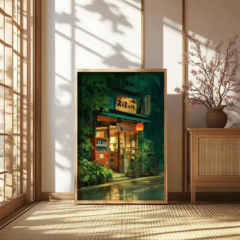 Ghibli-Inspired Street Cafe Scene Wall Art Print