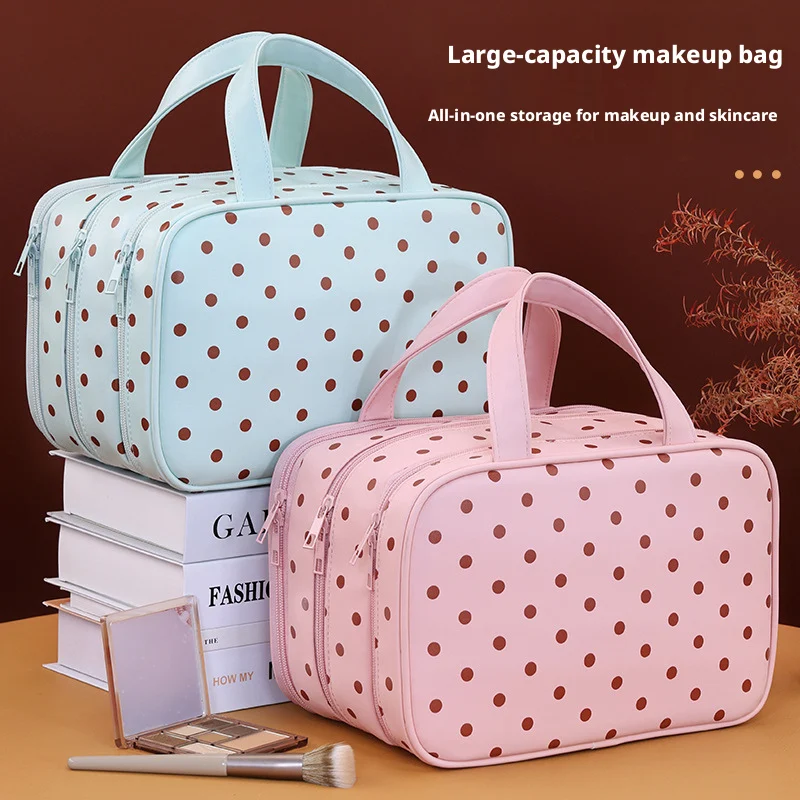 Borsa per il Trucco a Pois Multifunzionale con Tre Scomparti in PU, Grande Capacità, Impermeabile, per Viaggi e Conservazione - immagine 5