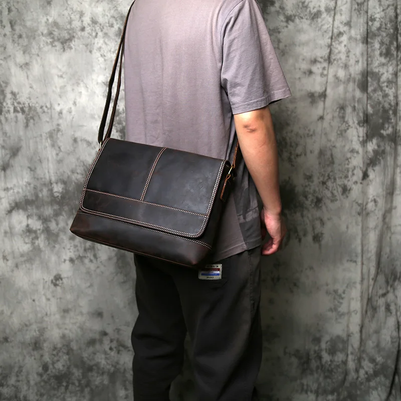 NZPJ Retro Genuine LeatherMen's Shoulder Bag Top Layer Cowhide Brown Handmade Crazy Horse Leather A4 File Messenger Bag for Men