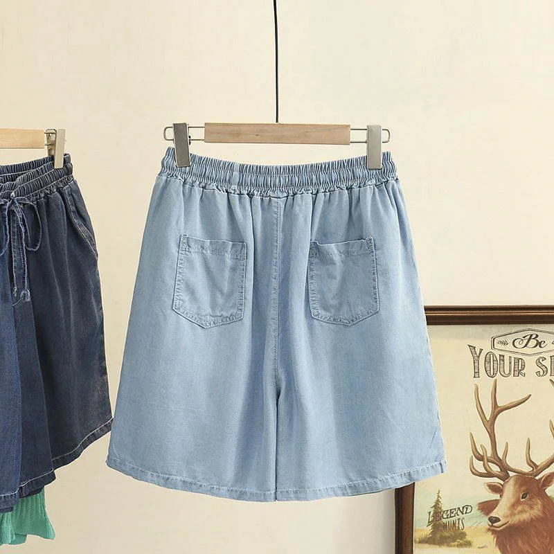 Women Oversized Denim Shorts Summer Ice Silk Wide Leg Jeans High Waist Elastic Casual Loose Female Stright Shorts XL-6XL 150KG