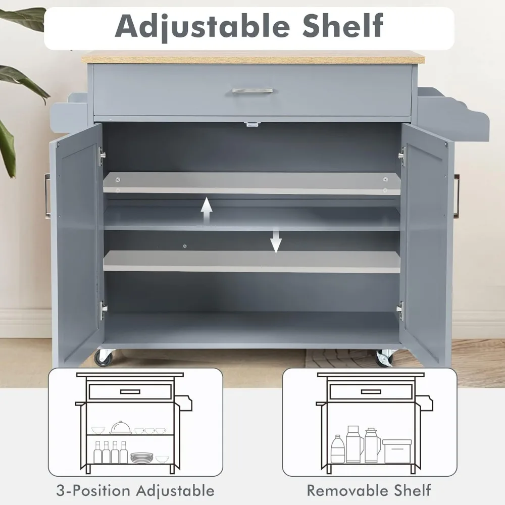 Kitchen Island Cart, Rolling Storage Trolley Cart with Lockable Rubber Wheels, Large Cabinet, Drawer, Spice Rack and Towel Rack