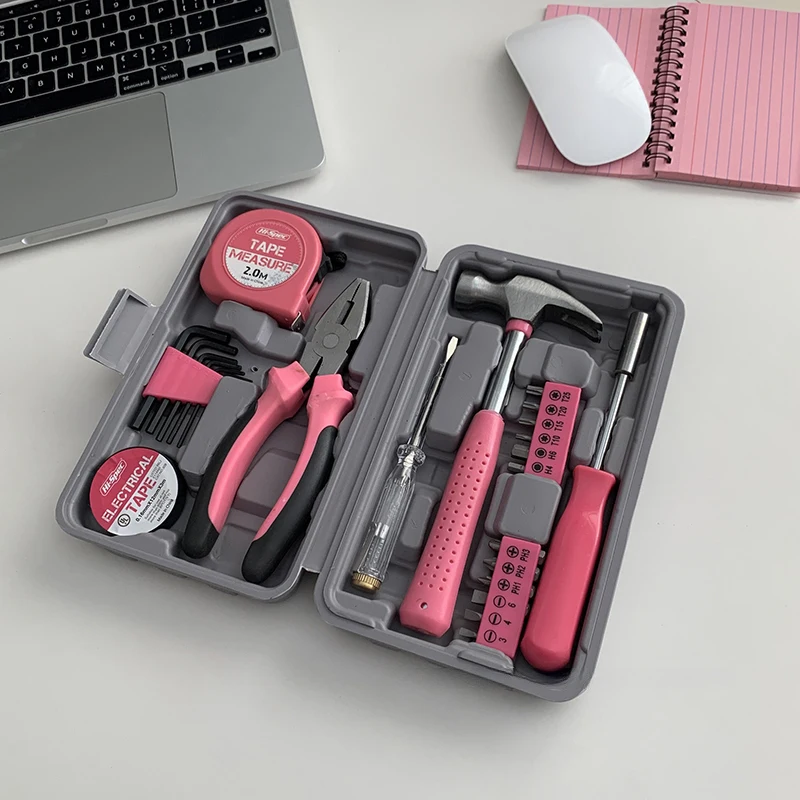 13/24pcs Pink Household Tool Set Hammer Hex Wrench Repair Worker Box Female Screwdriver Tape Measure Set Box DIY Handmade Tool