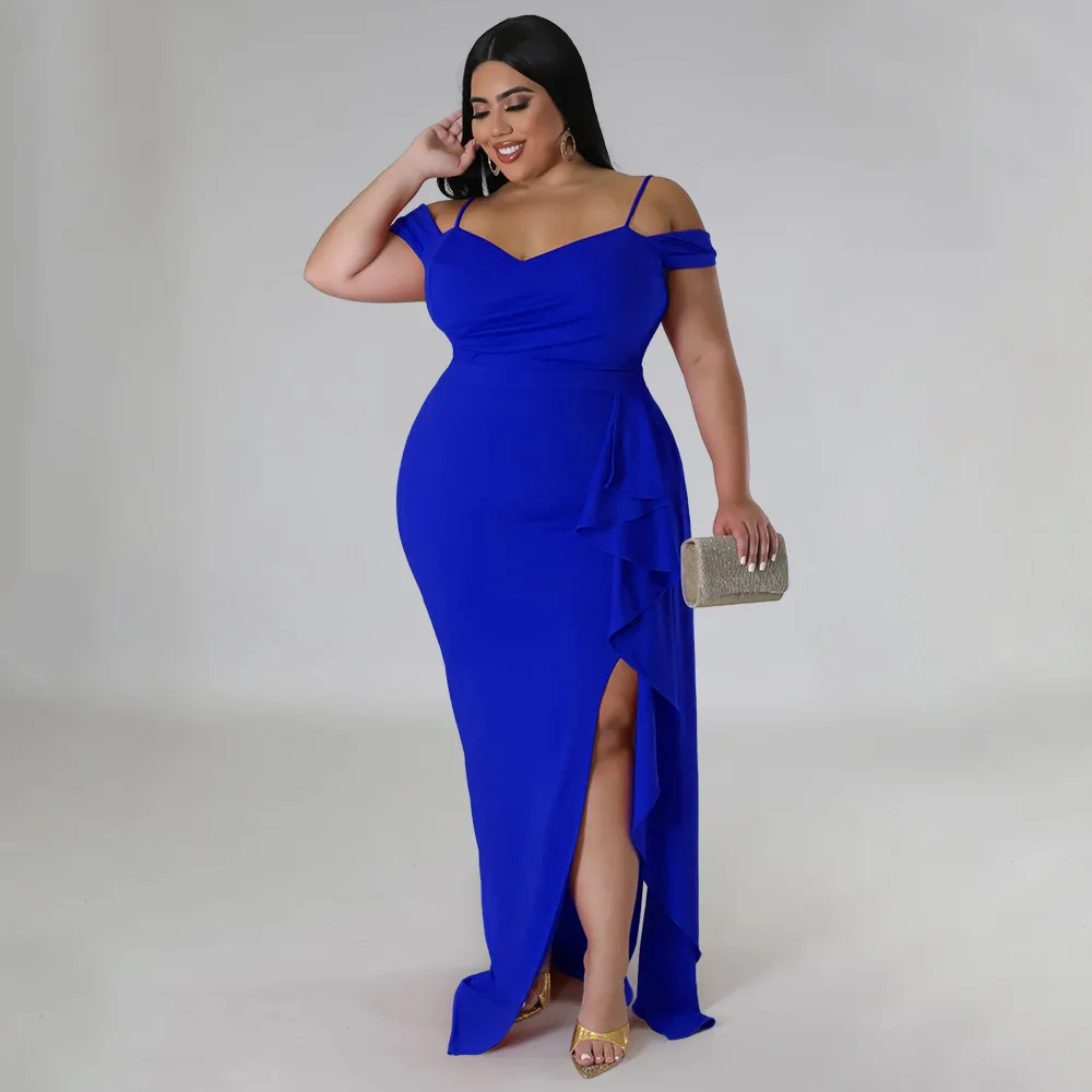 2023 Spring Women Dress Split Ruffle Off Shoulder Evening Dress Female Luxury Design Large Cloth Plus Size Birthday Dinner Robe