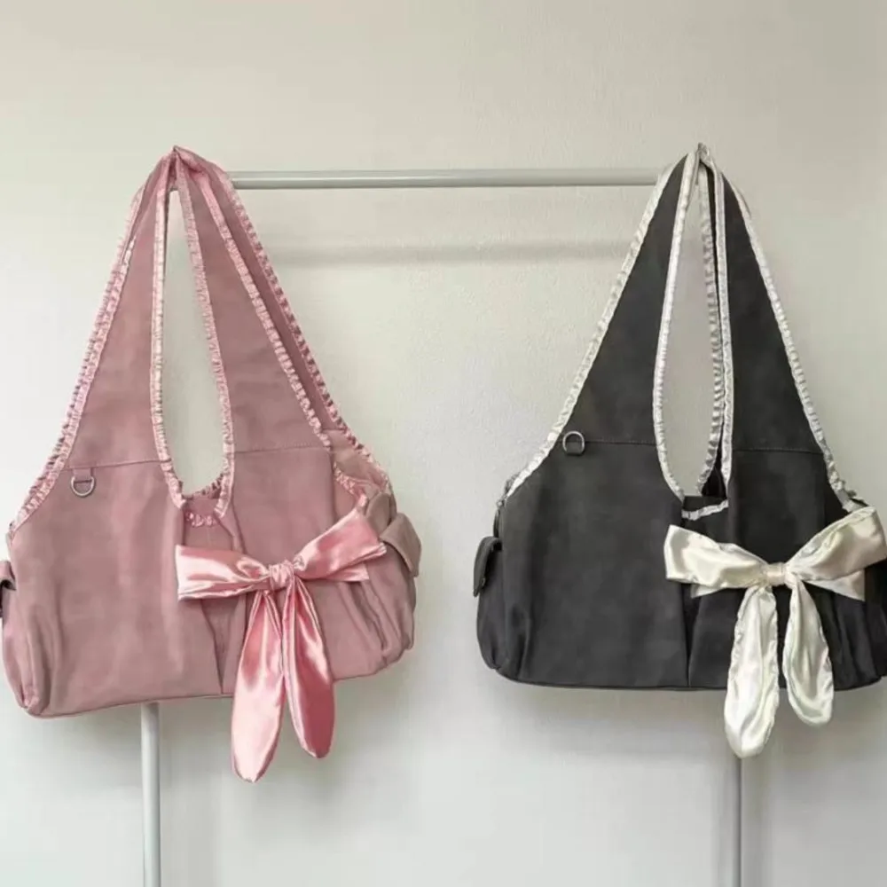JIAERDI Harajuku Large Capacity Tote Bag Women Fairycore Aesthetic Bow Chic Grey Handbag Female Vintage Cute Shoulder Bags New