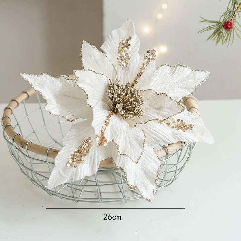 Hochwertige künstliche Weihnachts blume 26cm Samttuch mit Glitzer pulver gefälschte große Blumen kopf Weihnachten Neujahr Wohnkultur – Detail 7