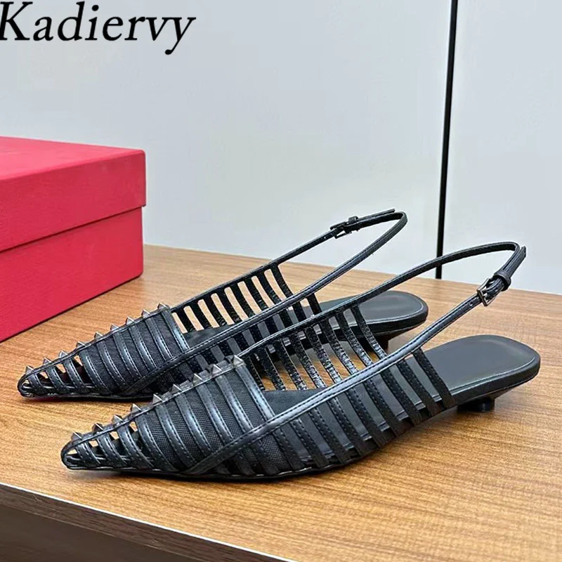 

Sexy Kitten Heels Shoes Women Genuine Leather Mesh Hollow Outs Pointed Toe Rivet Party Shoes Woman Summer Sandals Women
