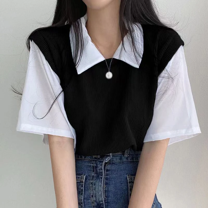 

Summer Women's Tops College Style Color Matching Short Sleeves Tees Casual Turn Down Collar T Shirts All-Match Fashion