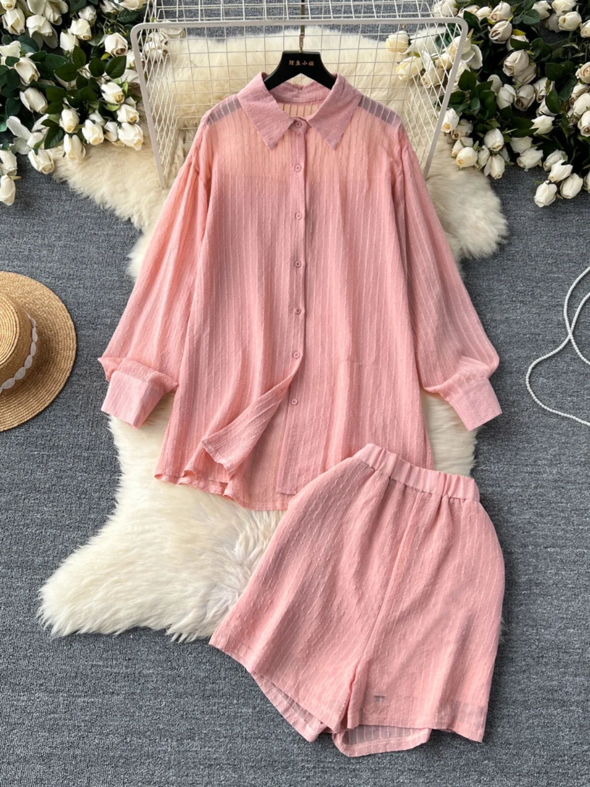 

SsTss Summer Fashion Women 2 Pieces Set Casual Striped Turn Down Collar Long Sleeve Shirt Top + Elastic Waist Short Pants Suits