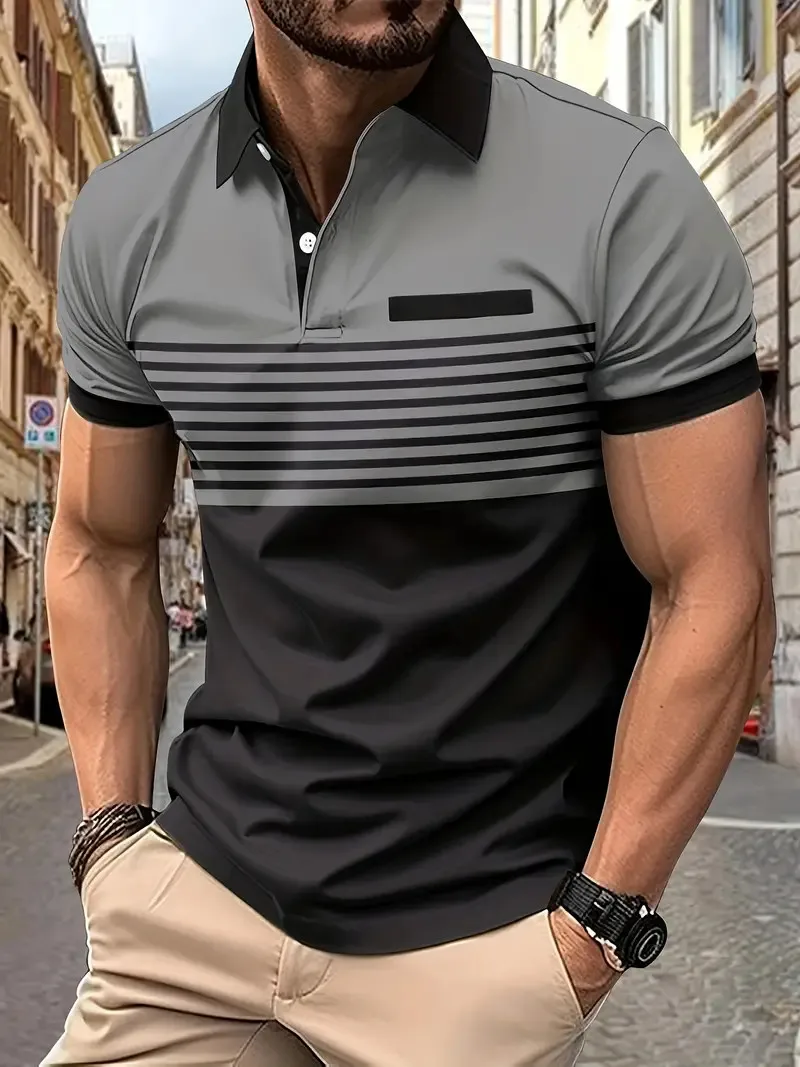New Summer Striped 3D Printed Men's Polo T Shirt Fashion Lapel Button Zipper Top Hipster Trend Streetwear Short Sleeve Tops 16
